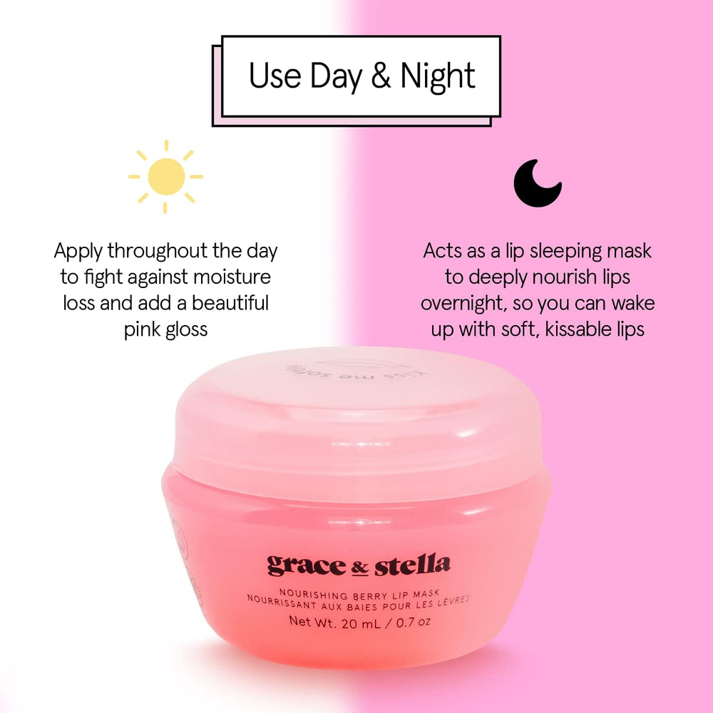 grace & stella bedside jar showing overnight lip mask use for intense hydration