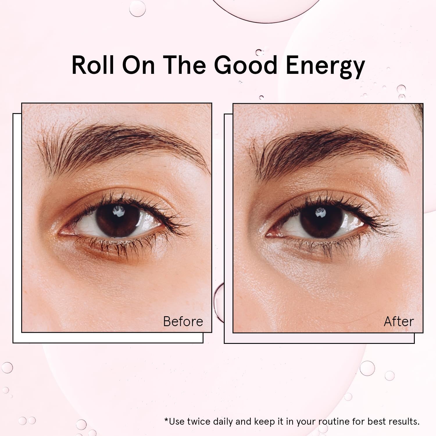 grace & stella model applying roller under eye demonstrating targeted de-puffing benefit