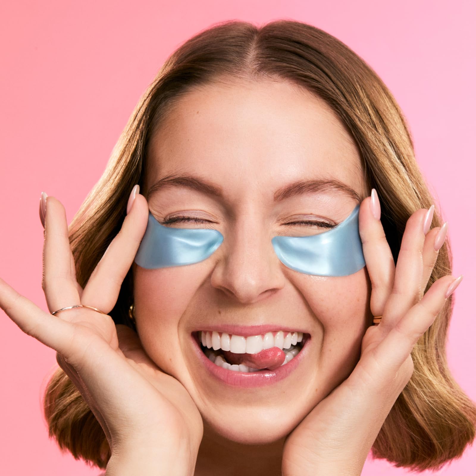 grace & stella patch placed under eye by sink, conveys depuffing benefit