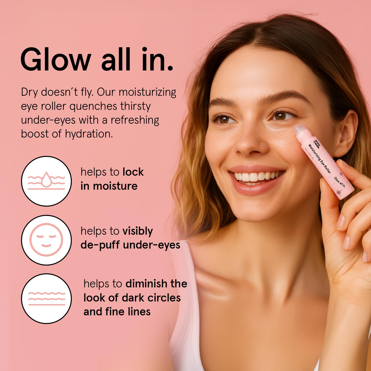 grace & stella close-up rose quartz roller highlighting smooth stone for cooling massage