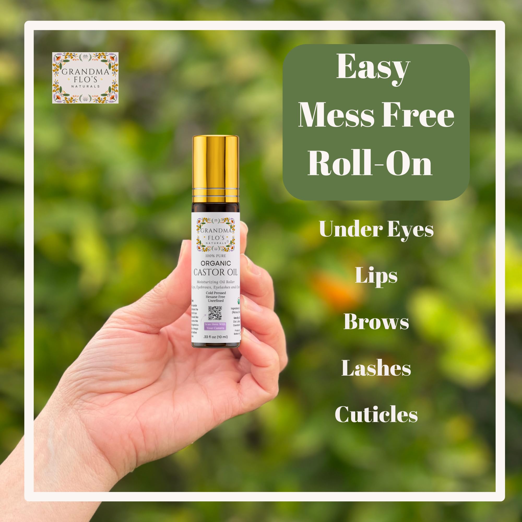 Grandma Flo's Naturals rolling on cuticle to soften and hydrate nail edges