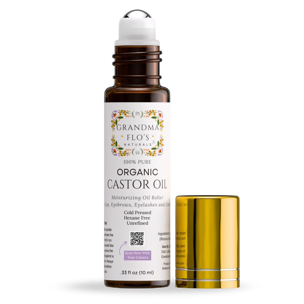 Grandma Flo's Naturals front packaging showing travel-size roll-on for mess-free hydration