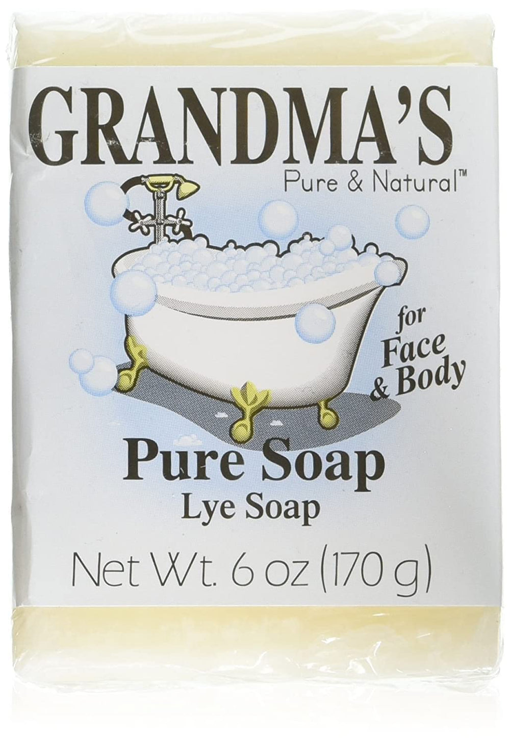 Grandma's Pure & Natural lye soap front packaging showing durable utility benefits