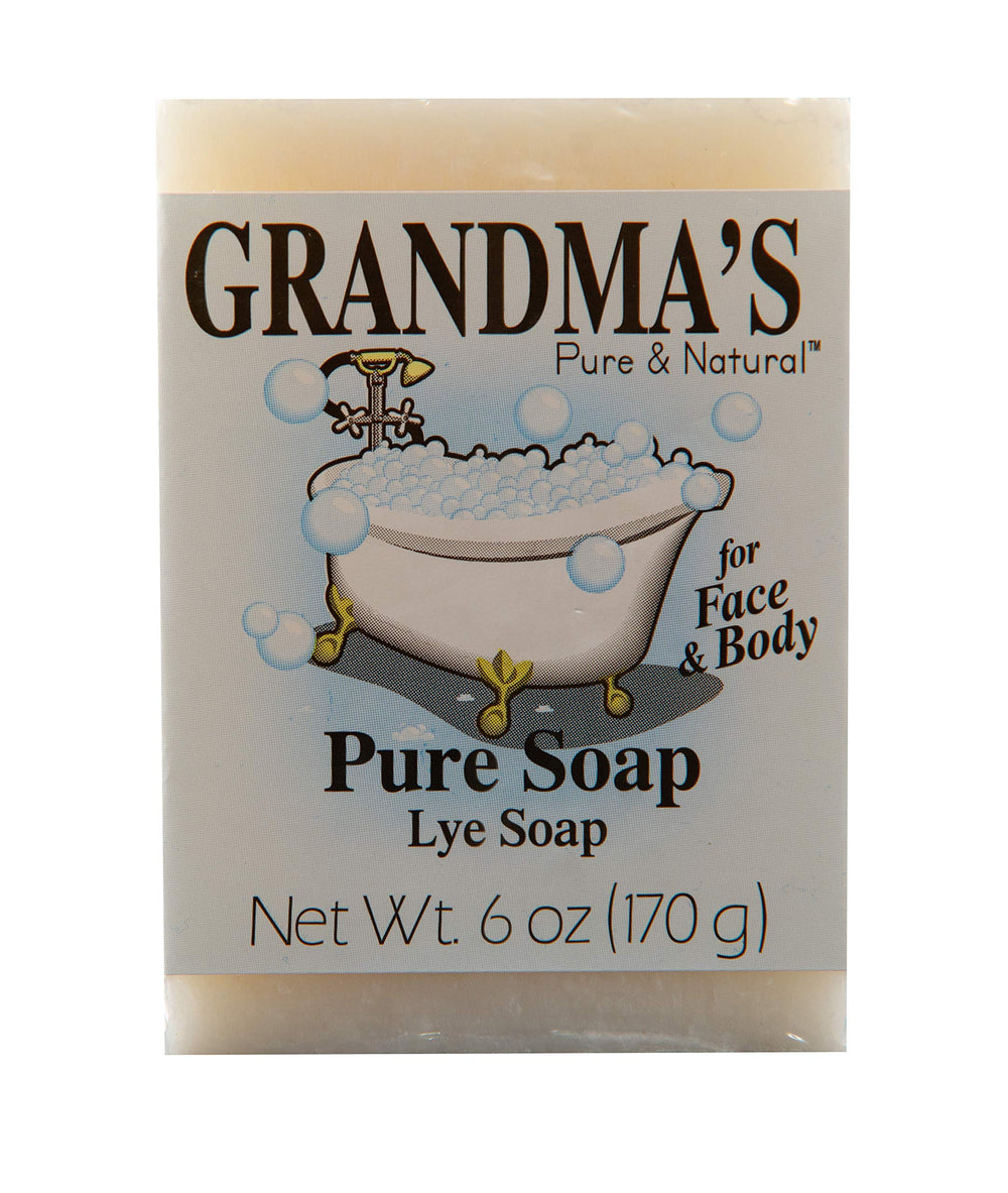 Grandma's Pure front packaging close-up shows unscented bar benefits