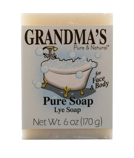 Grandma's Pure front packaging close-up shows unscented bar benefits
