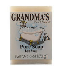 Grandma's Pure front packaging close-up shows unscented bar benefits