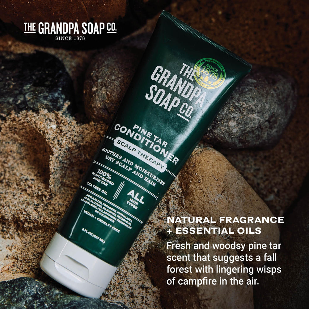 The Grandpa Soap Company paired with pine tar shampoo for routine