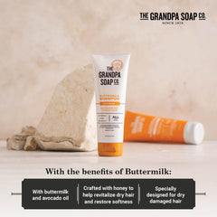 Grandpa Soap Company honey and avocado beside bottle, signaling natural nourishment