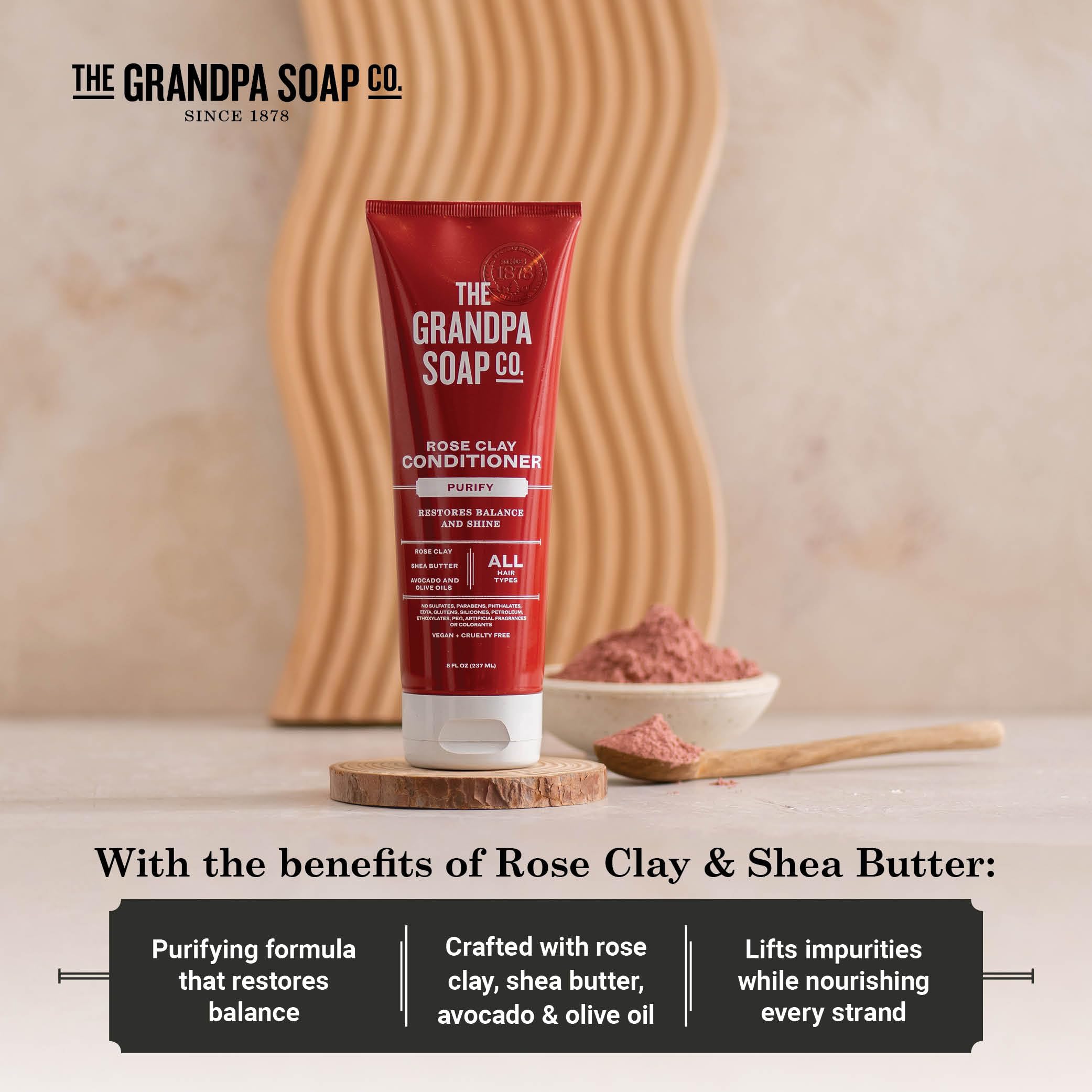 The Grandpa Soap Company conditioner staged in a bathroom for daily use