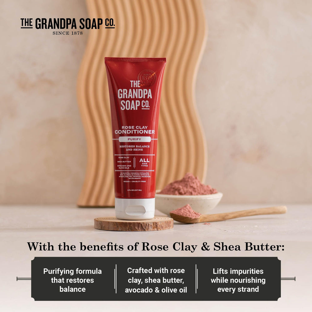 The Grandpa Soap Company conditioner staged in a bathroom for daily use