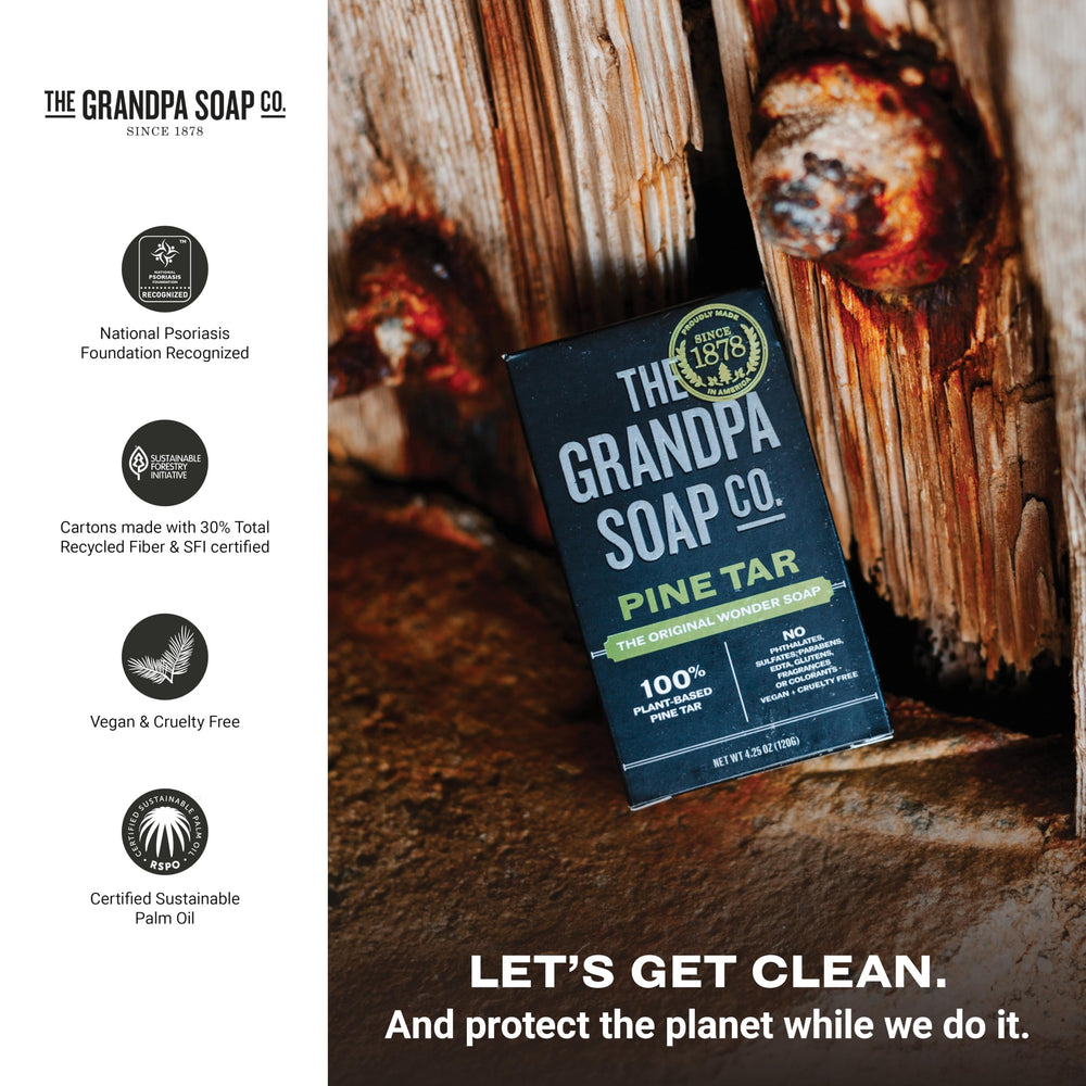 Grandpa Soap Company bar on bathroom shelf in lifestyle setting promoting everyday use
