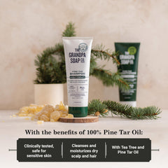 Grandpa's Soap Pine Tar Shampoo paired with conditioner, showing balanced hair care routine