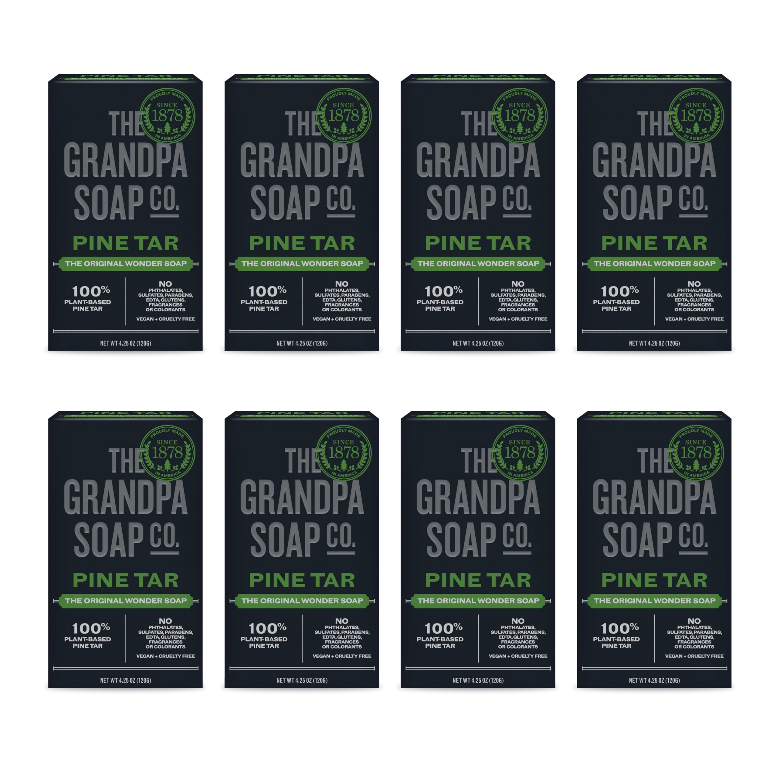 Grandpa Soap Company front packaging showing eight bars and benefits