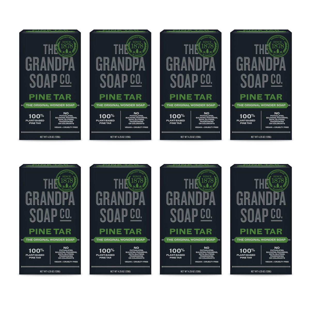 Grandpa Soap Company front packaging showing eight bars and benefits