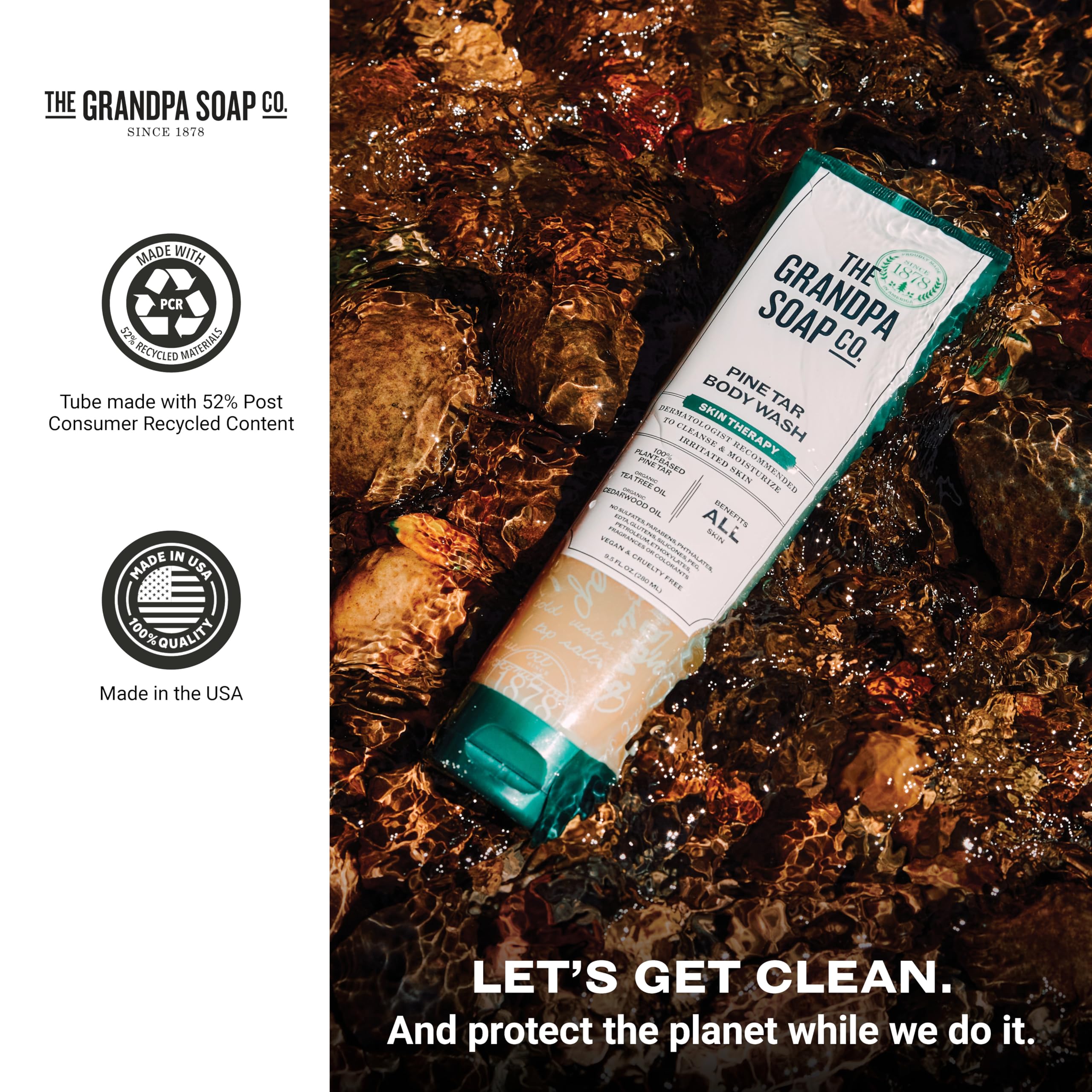 Lifestyle shot of shower shelf with Grandpa Soap Company tube adding natural scent to routine