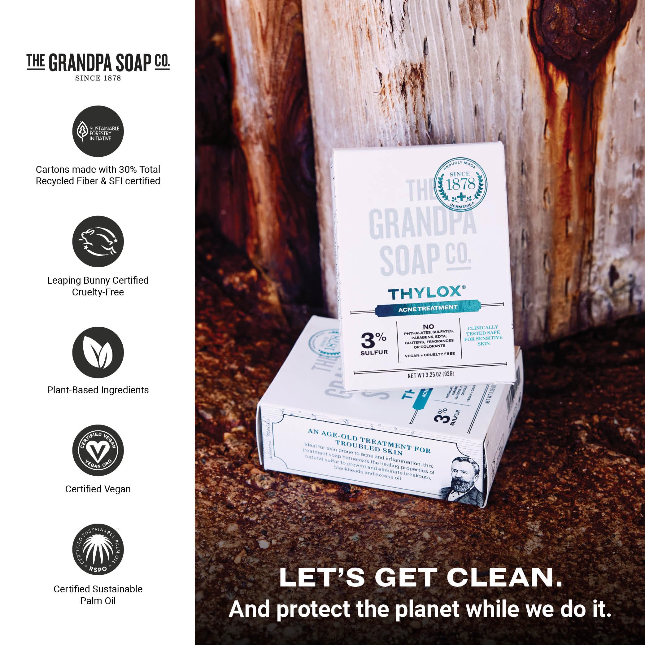 The Grandpa Soap Company Thylox on a bathroom shelf illustrating everyday use benefit