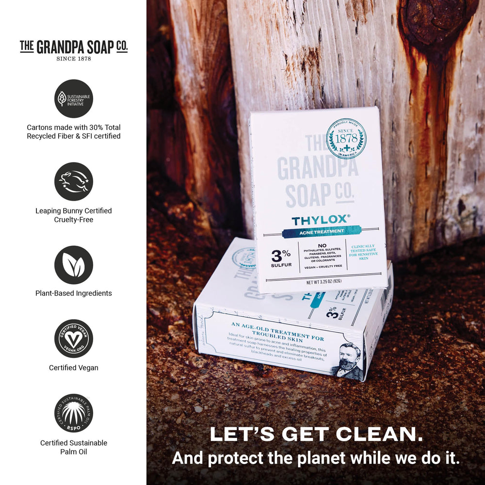 The Grandpa Soap Company Thylox on a bathroom shelf illustrating everyday use benefit