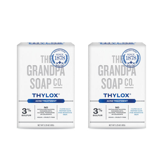 The Grandpa Soap Company Thylox front packaging showing bar and box benefit clear skin