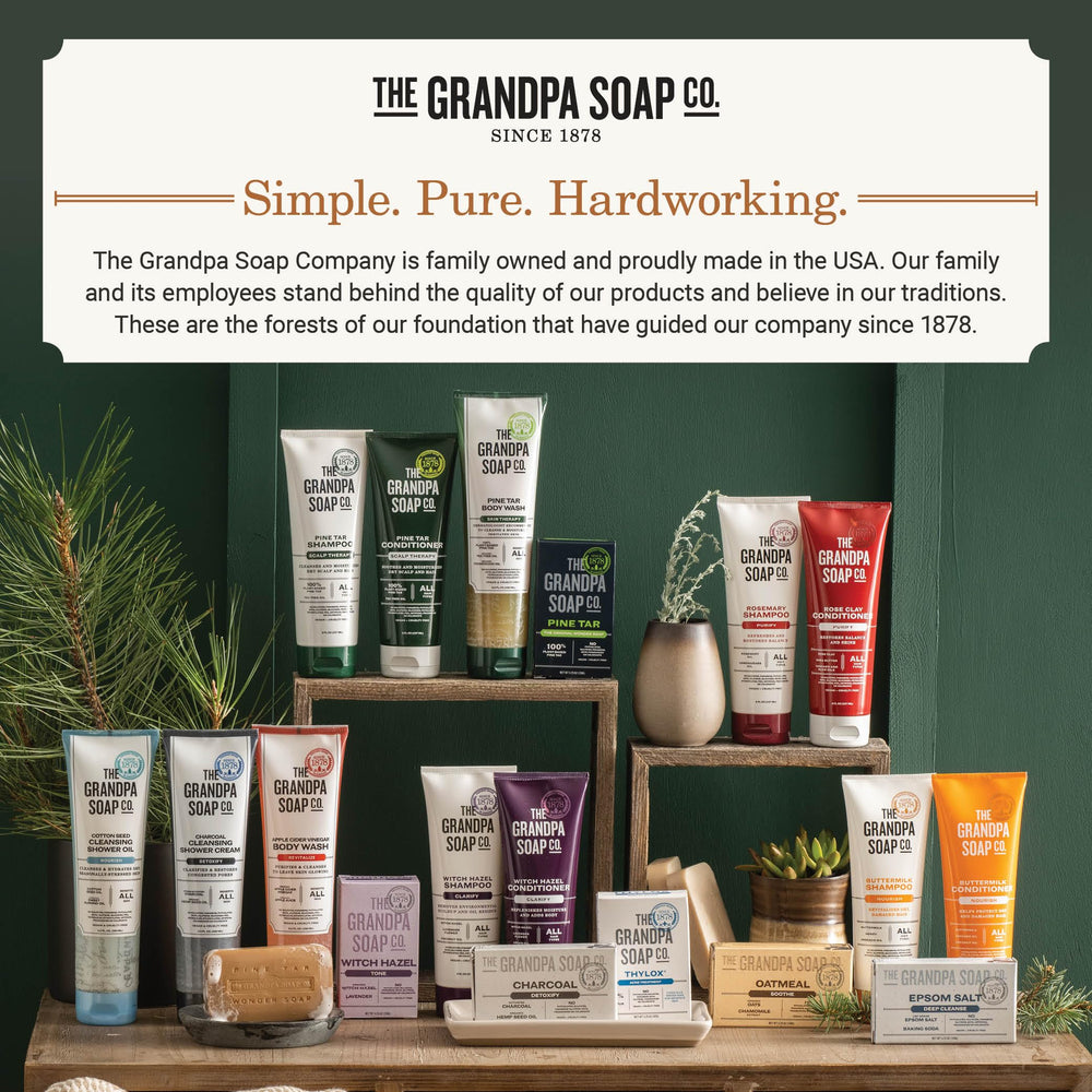 Bathroom shelf scene with The Grandpa Soap Company conditioner showing everyday use and aesthetic benefit