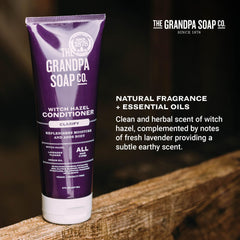 Lavender and argan oil ingredients beside The Grandpa Soap Company tube illustrating natural formulation benefit