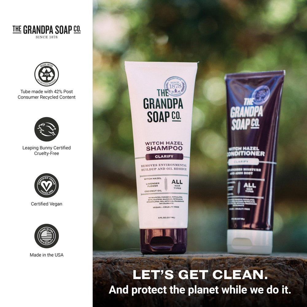 The Grandpa Soap Company shampoo in a shower scene demonstrating everyday use