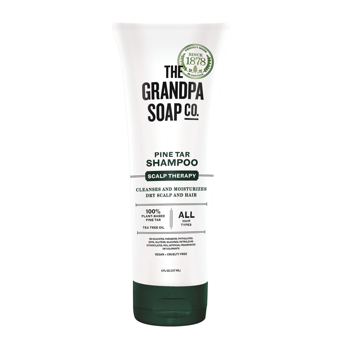 Grandpa's Soap front tube showing Wonder Pine Tar Shampoo, clear product ID and benefits