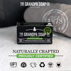 Label detail on Grandpa's soap showing simple ingredient approach and transparency