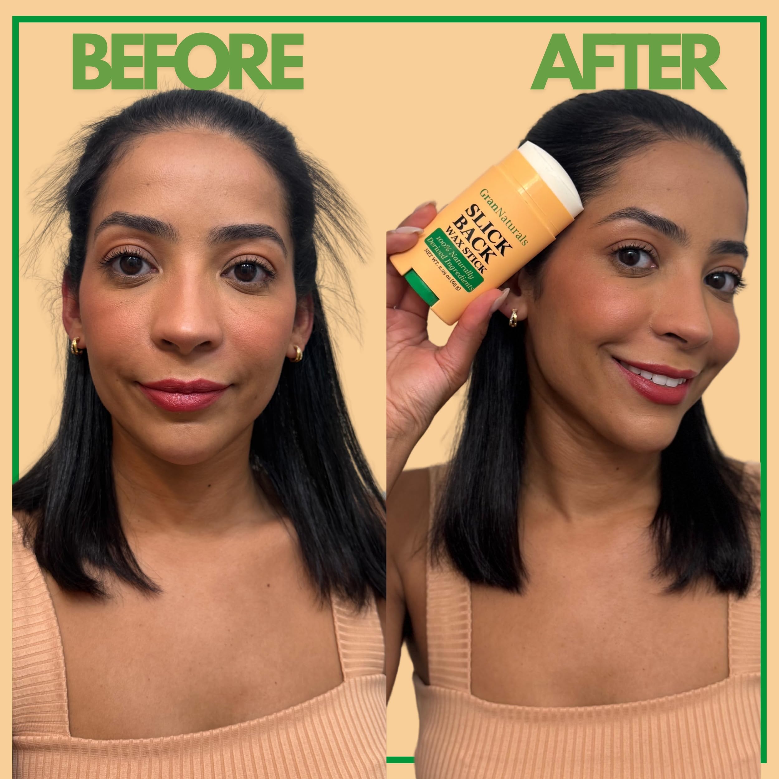 GranNaturals stick applied at hairline demonstrating frizz control and hold