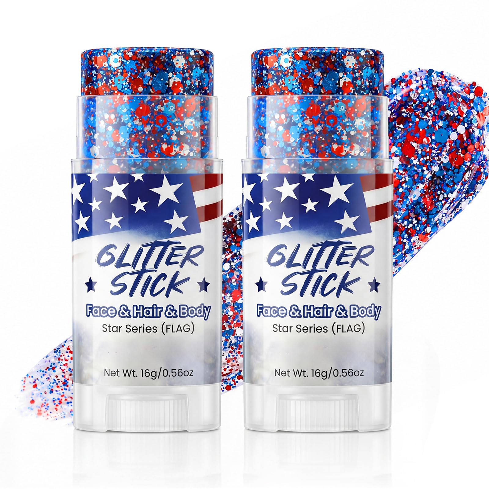 Gravel Dew front packaging two-pack showing patriotic red white blue glitter, perfect for events