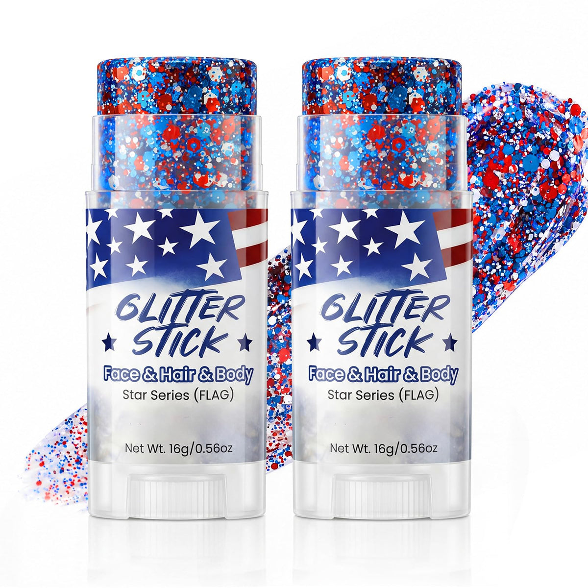 Gravel Dew front packaging two-pack showing patriotic red white blue glitter, perfect for events