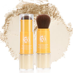 Gravel Dew front packaging showing translucent SPF 50 powder and brush benefit: portable protection