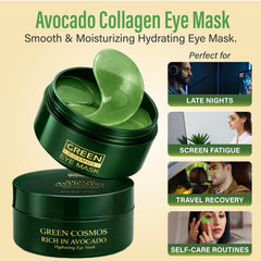 Green Cosmos patch applied under eye demonstrating de-puffing effect