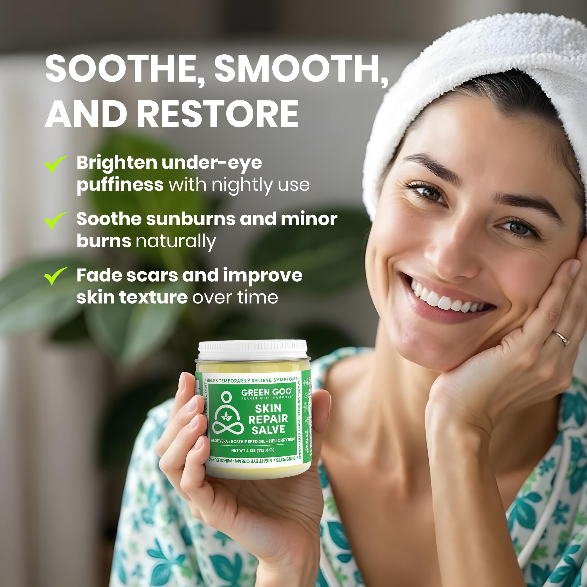 Open jar top revealing creamy Green Goo salve for easy scoop use