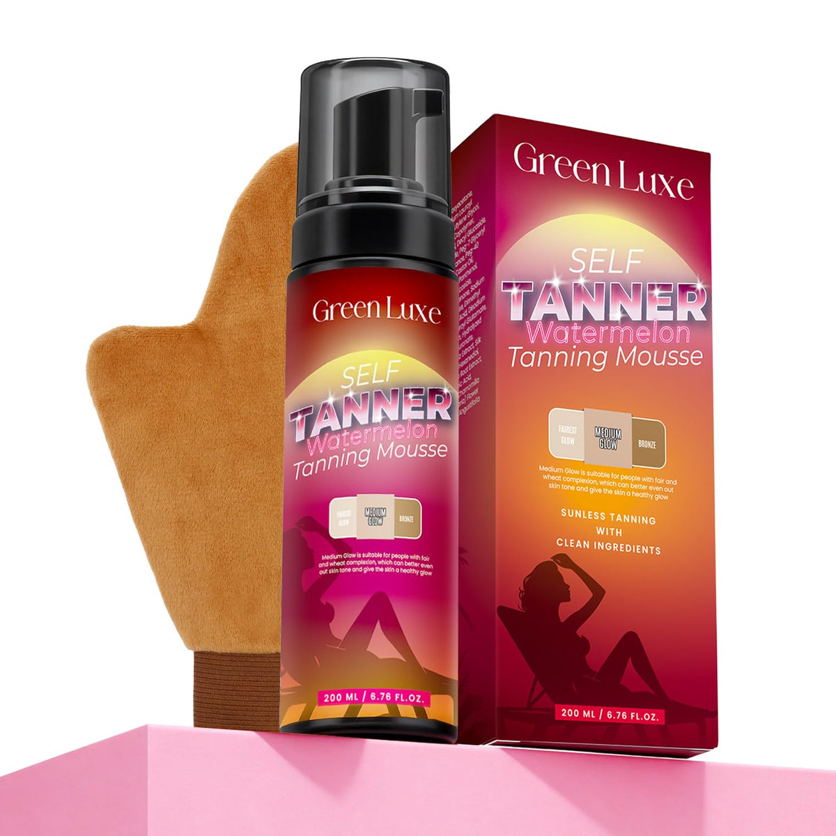 Green Luxe front packaging showing mousse and mitt for effortless tanning