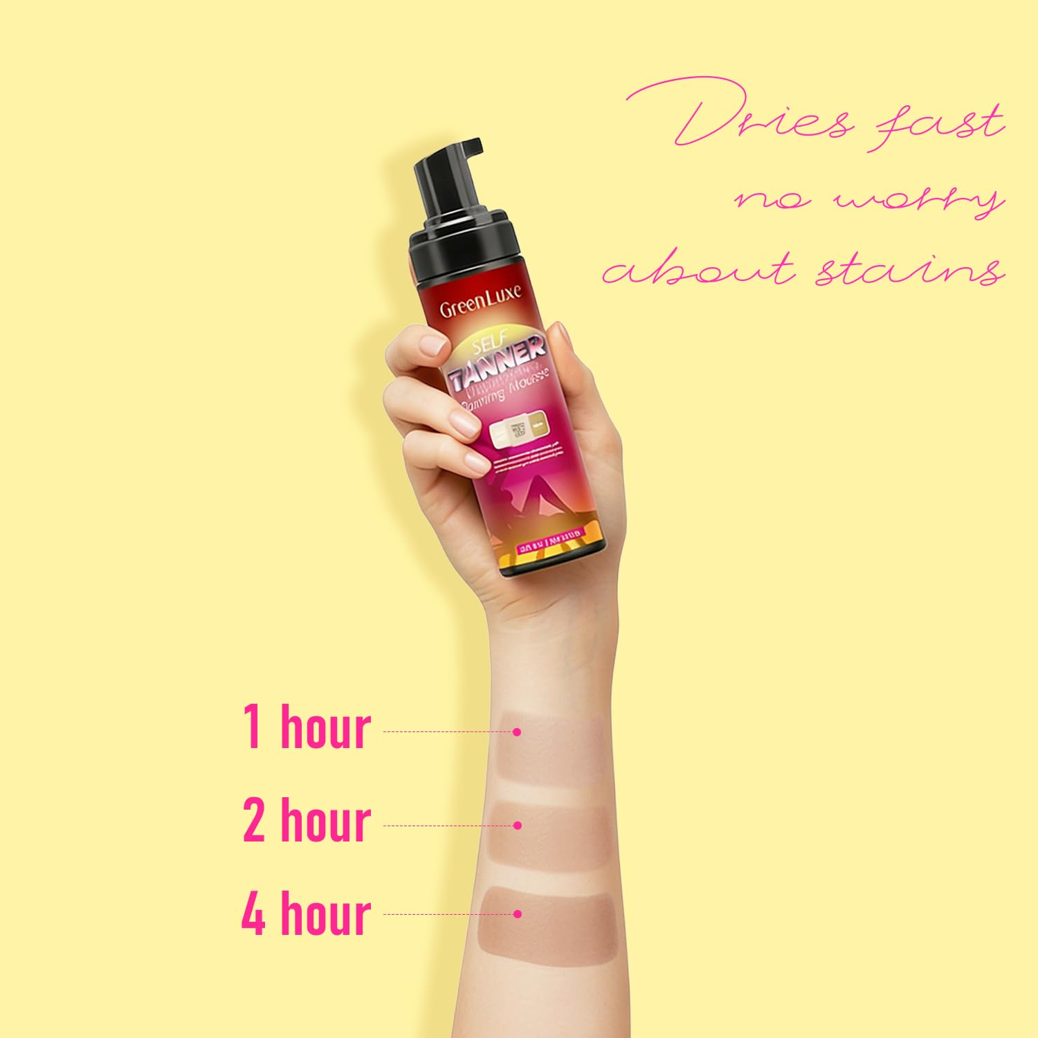 Green Luxe mitt applying mousse on arm for streak-free, blended coverage