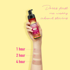 Green Luxe mitt applying mousse on arm for streak-free, blended coverage