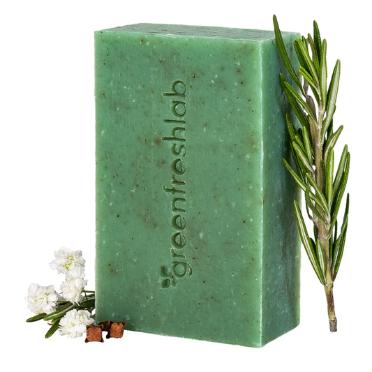 Greenfreshlab soap front view showing herbal bar and organic label benefit