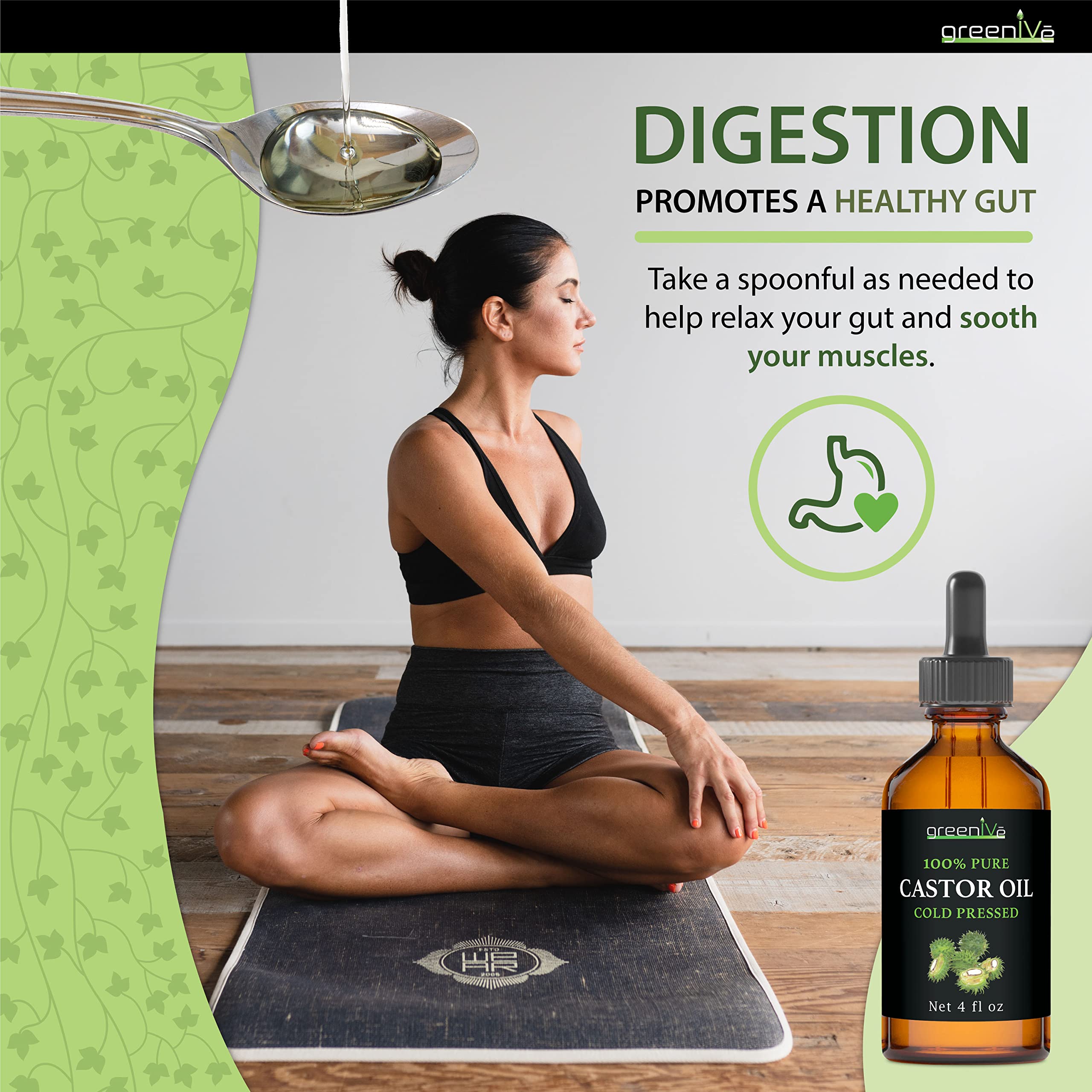 Castor oil pack on cotton flannel with GreenIVe bottle ready for home wellness