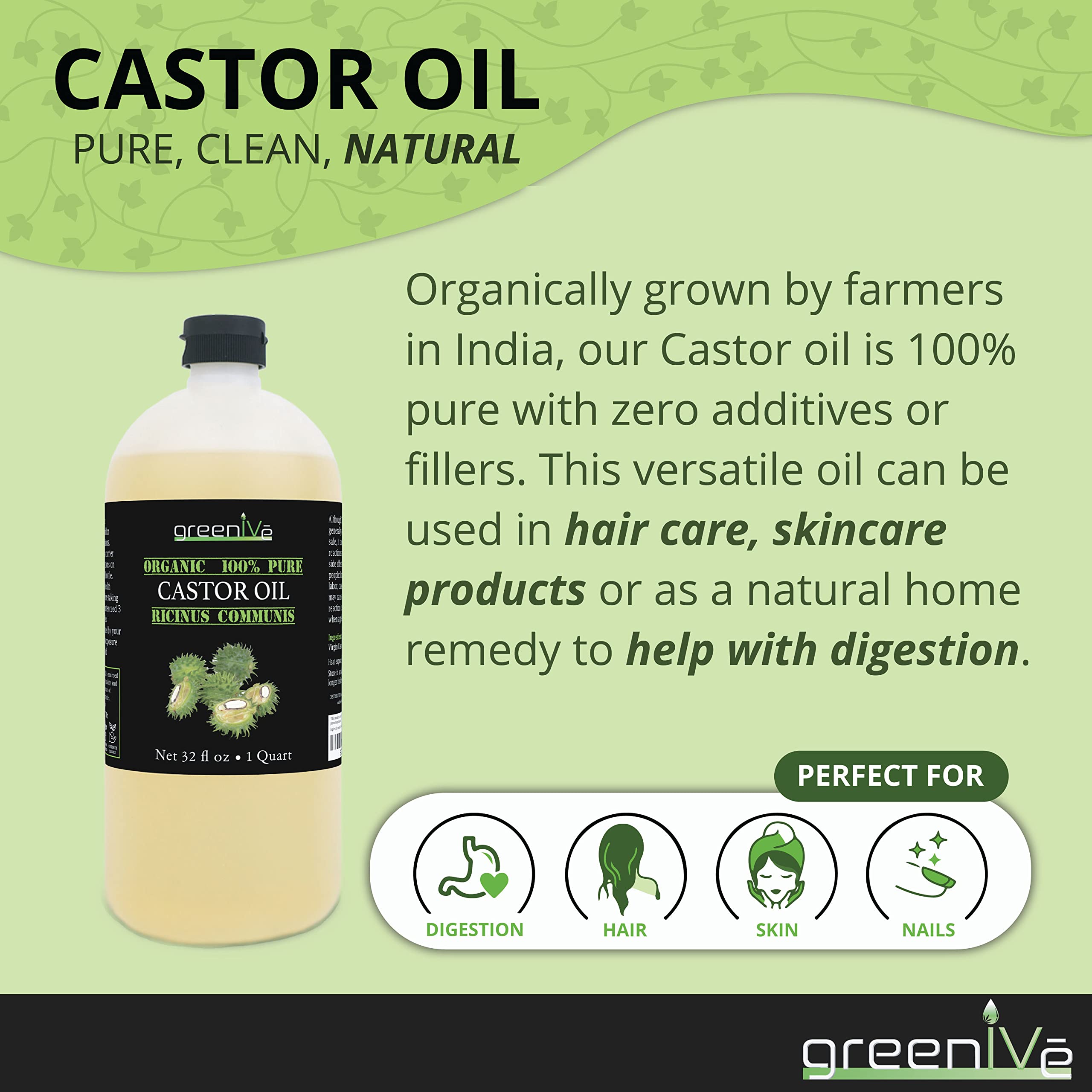 GreenIVe golden castor oil pouring to show viscous texture and richness