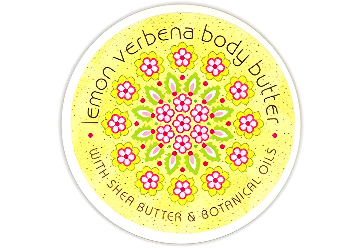 Greenwich Bay Botanic Body Butter Lemon Verbena jar front view showing label and size, promotes convenient moisturization