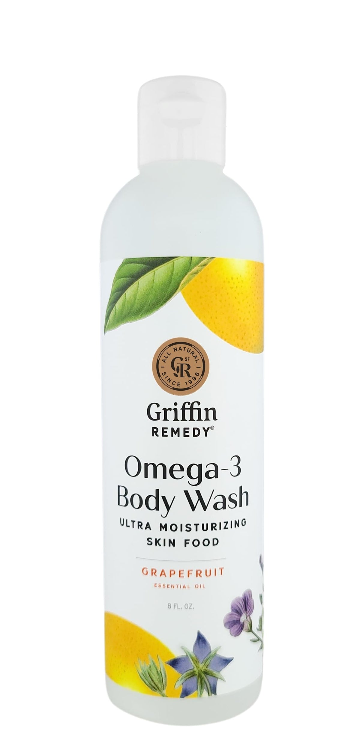 Griffin Remedy front packaging showing omega‑3 body wash benefits