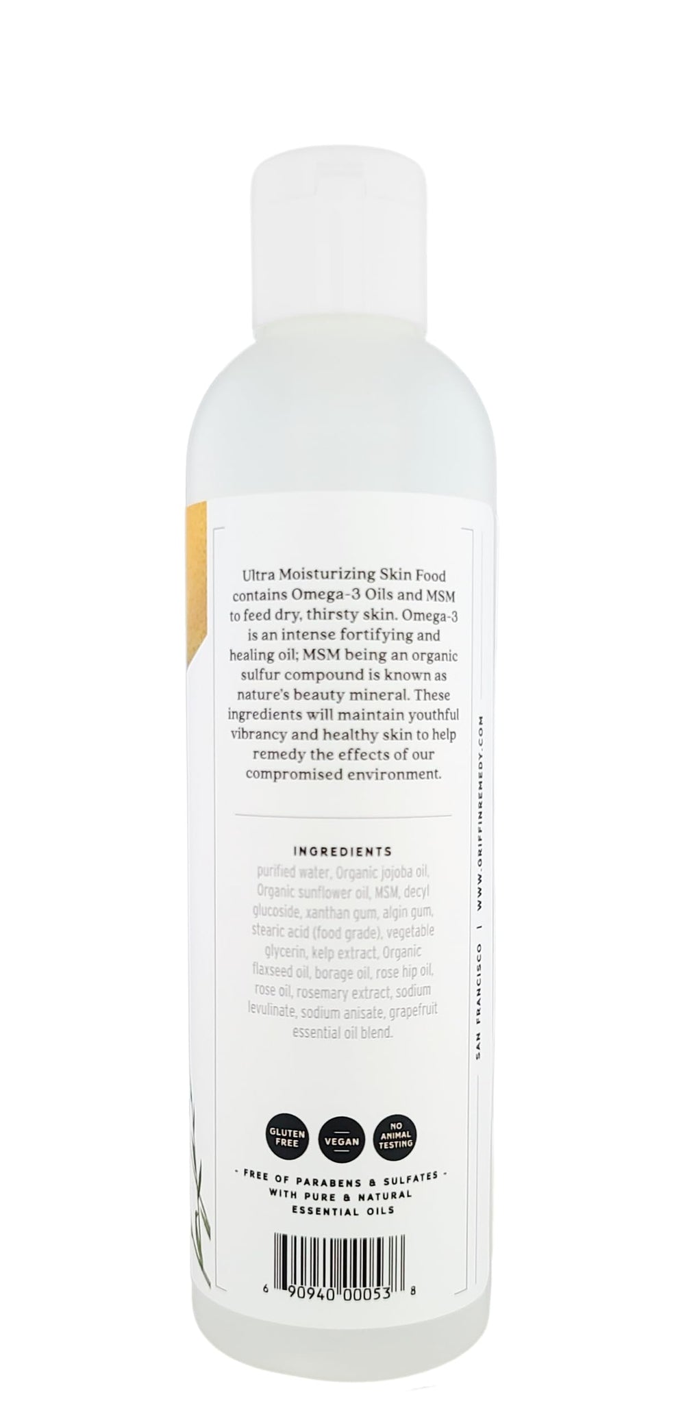 Griffin Remedy label closeup highlighting grapefruit essential oil benefit