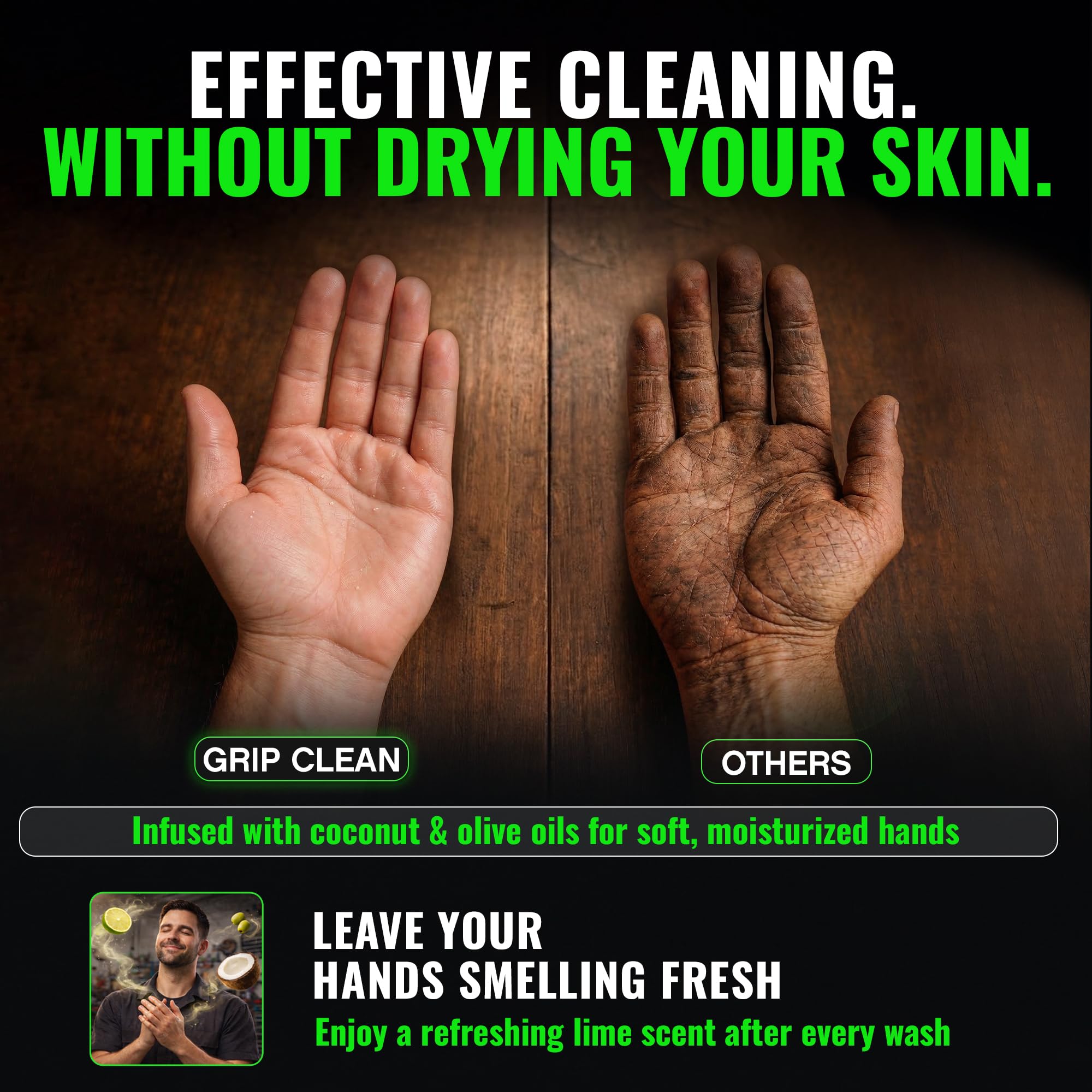 Grip Clean label close-up highlighting clay, pumice and oils