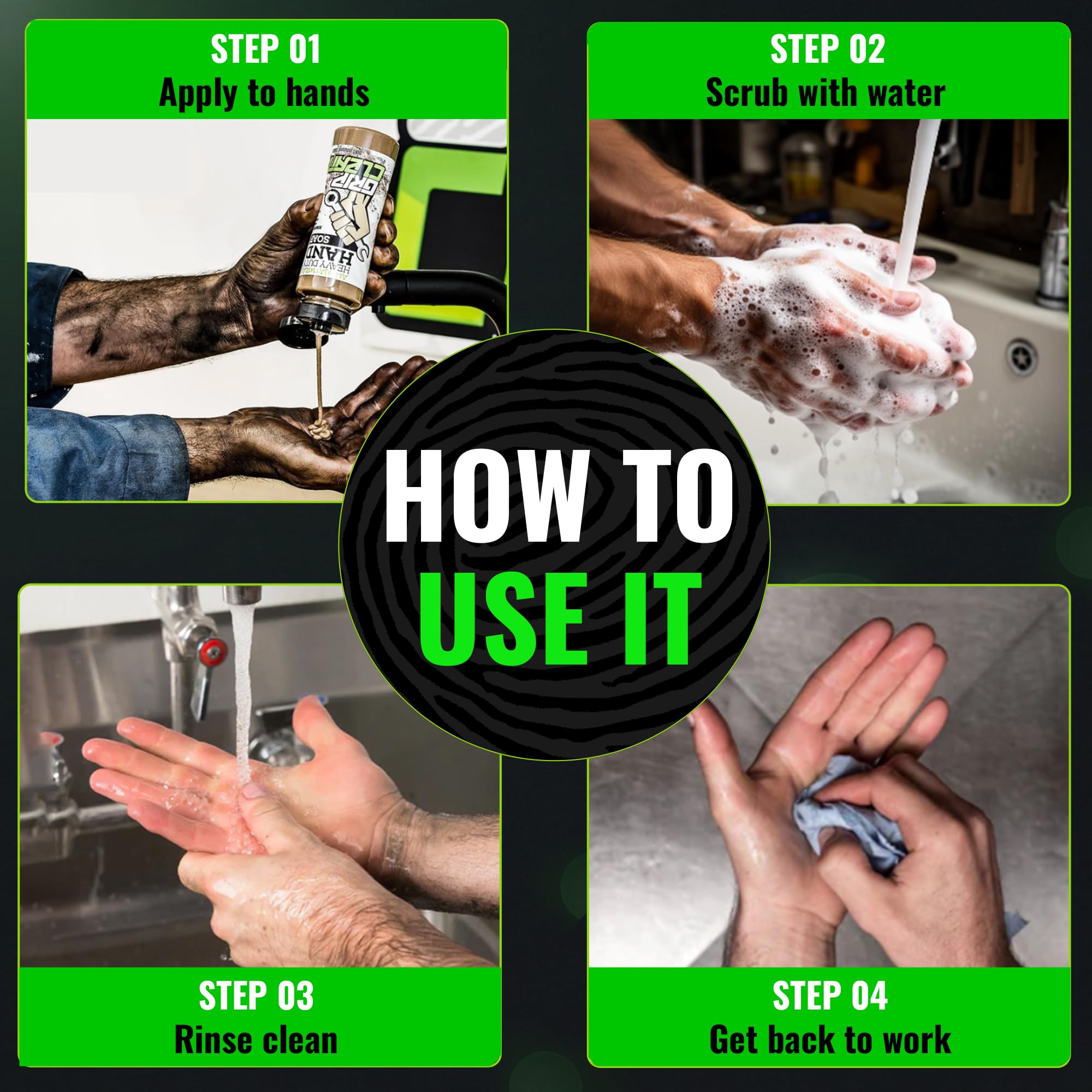 Grip Clean back panel listing features and usage instructions