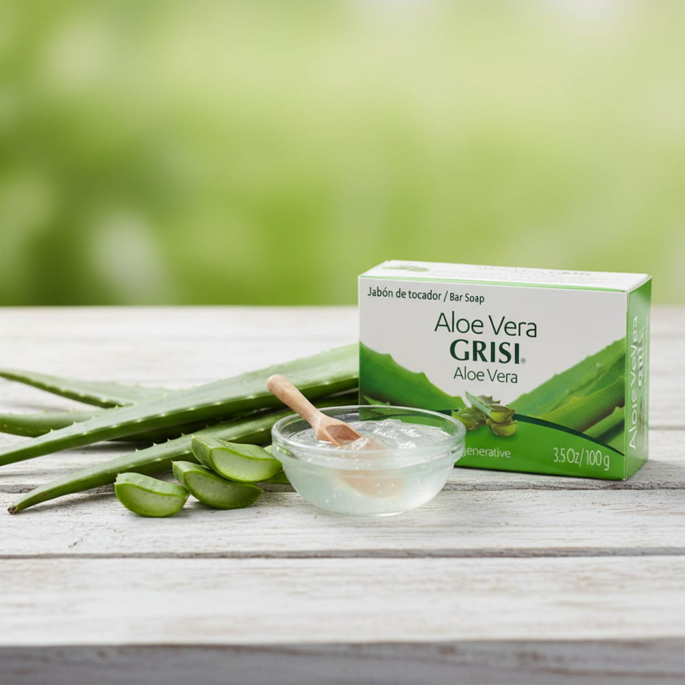 Grisi bar beside aloe leaf illustrating natural aloe soothing benefit