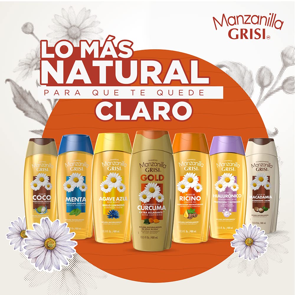 Grisi Manzanilla shampoo on bathroom shelf illustrating everyday brightening routine