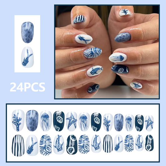 GRITOSE close-up whale shark detail on glossy short almond nail highlighting bold design
