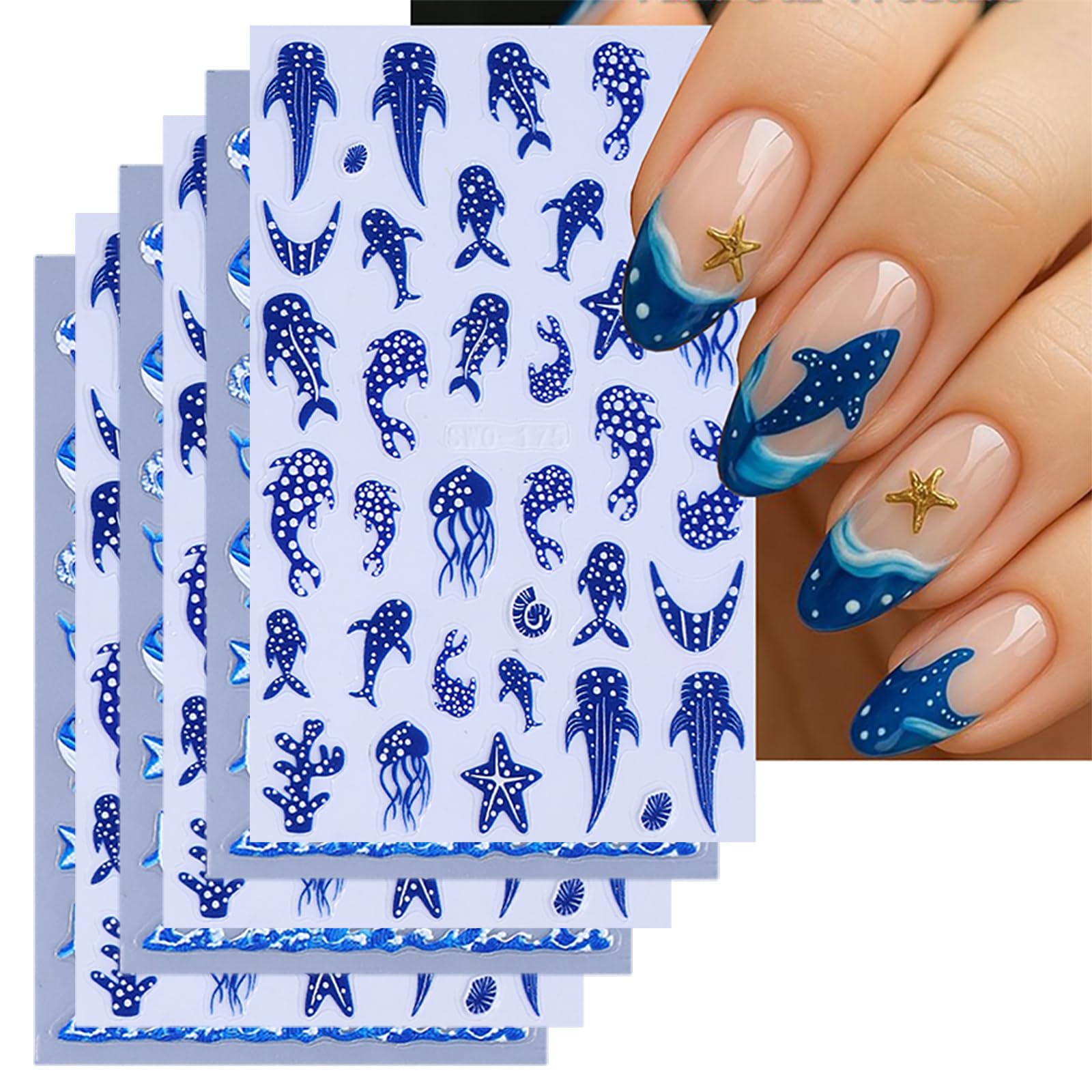 GRITOSE front packaging showing six ocean-themed nail sticker sheets and benefits