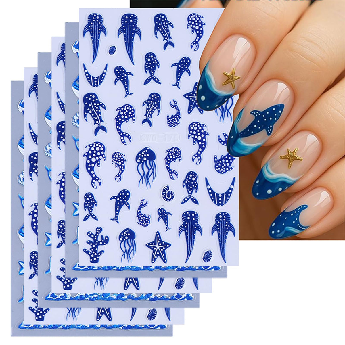 GRITOSE front packaging showing six ocean-themed nail sticker sheets and benefits