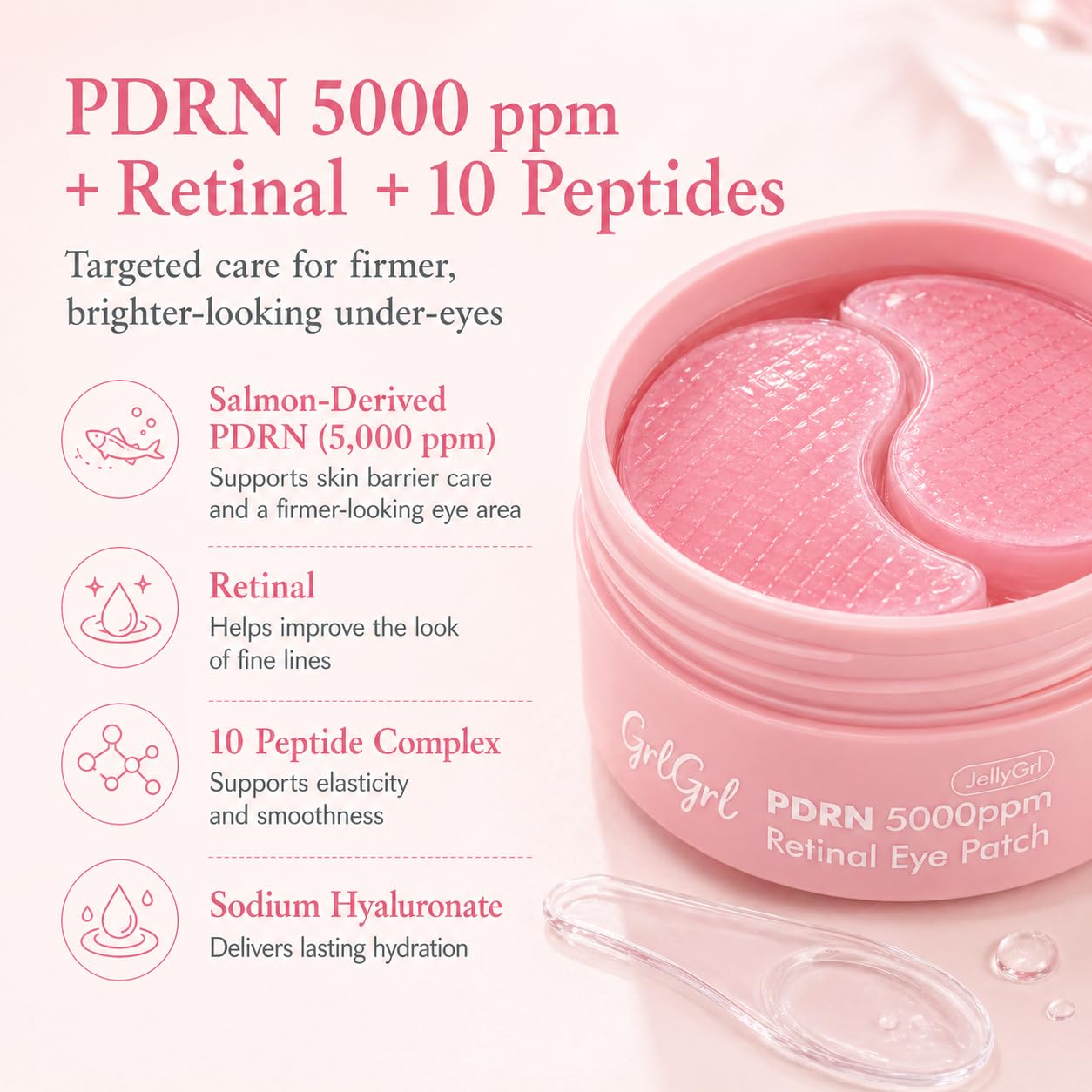 GrlGrl patch applied under eye demonstrating de-puffing effect